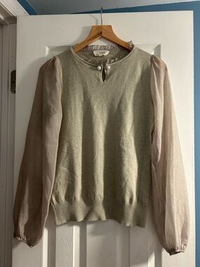 La Vila Milano Light Sage Knit Sweater with Sheer Beige Puff Sleeves